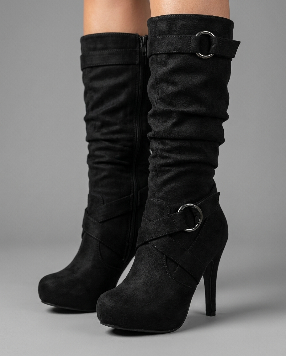 Slouch Suede Mid-Calf Stiletto Boots in Black