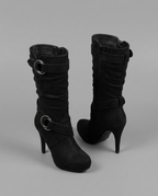 Slouch Suede Mid-Calf Stiletto Boots in Black