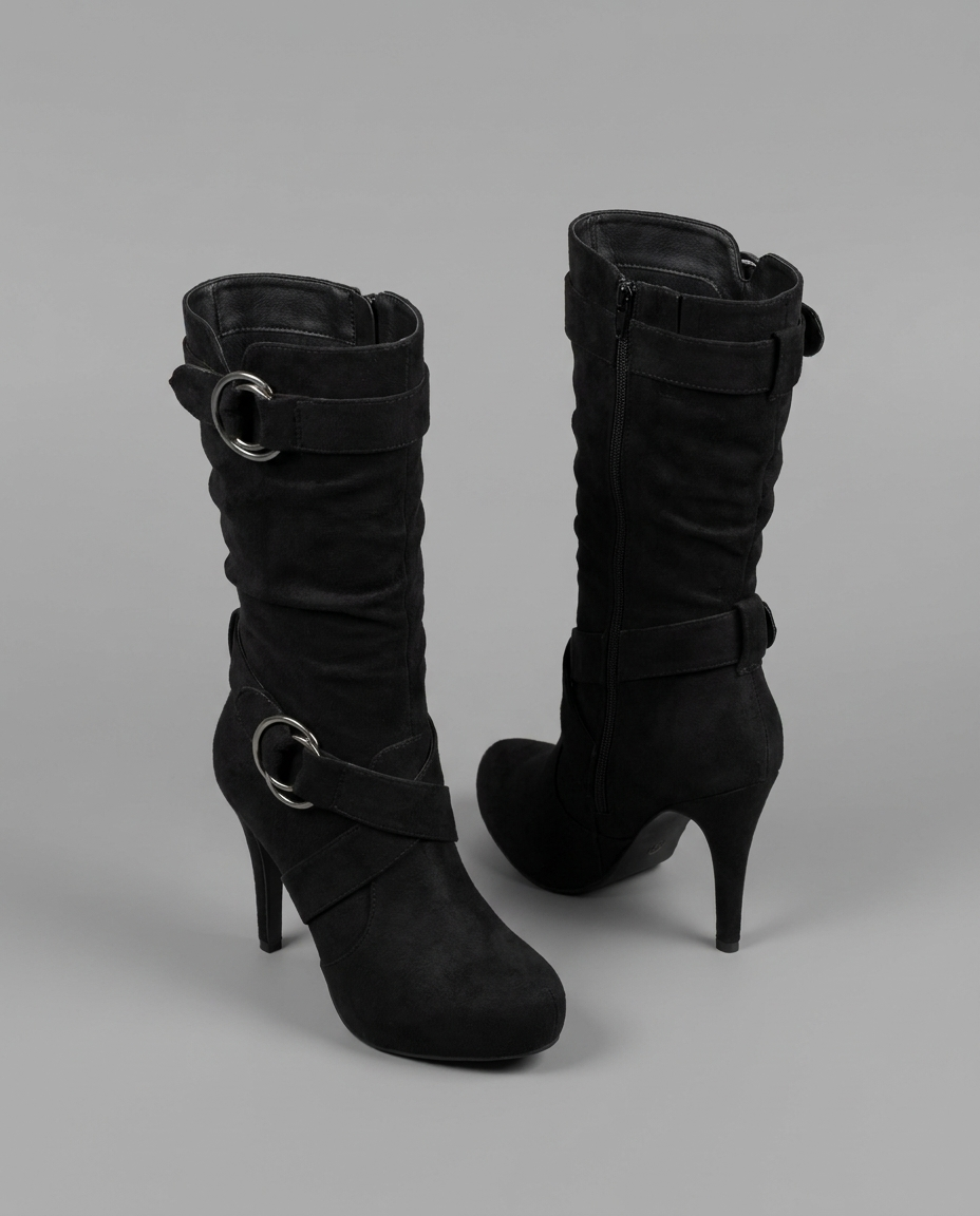 Slouch Suede Mid-Calf Stiletto Boots in Black