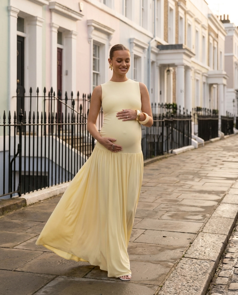 Outline – Pleated Maternity Maxi Dress in Lemon