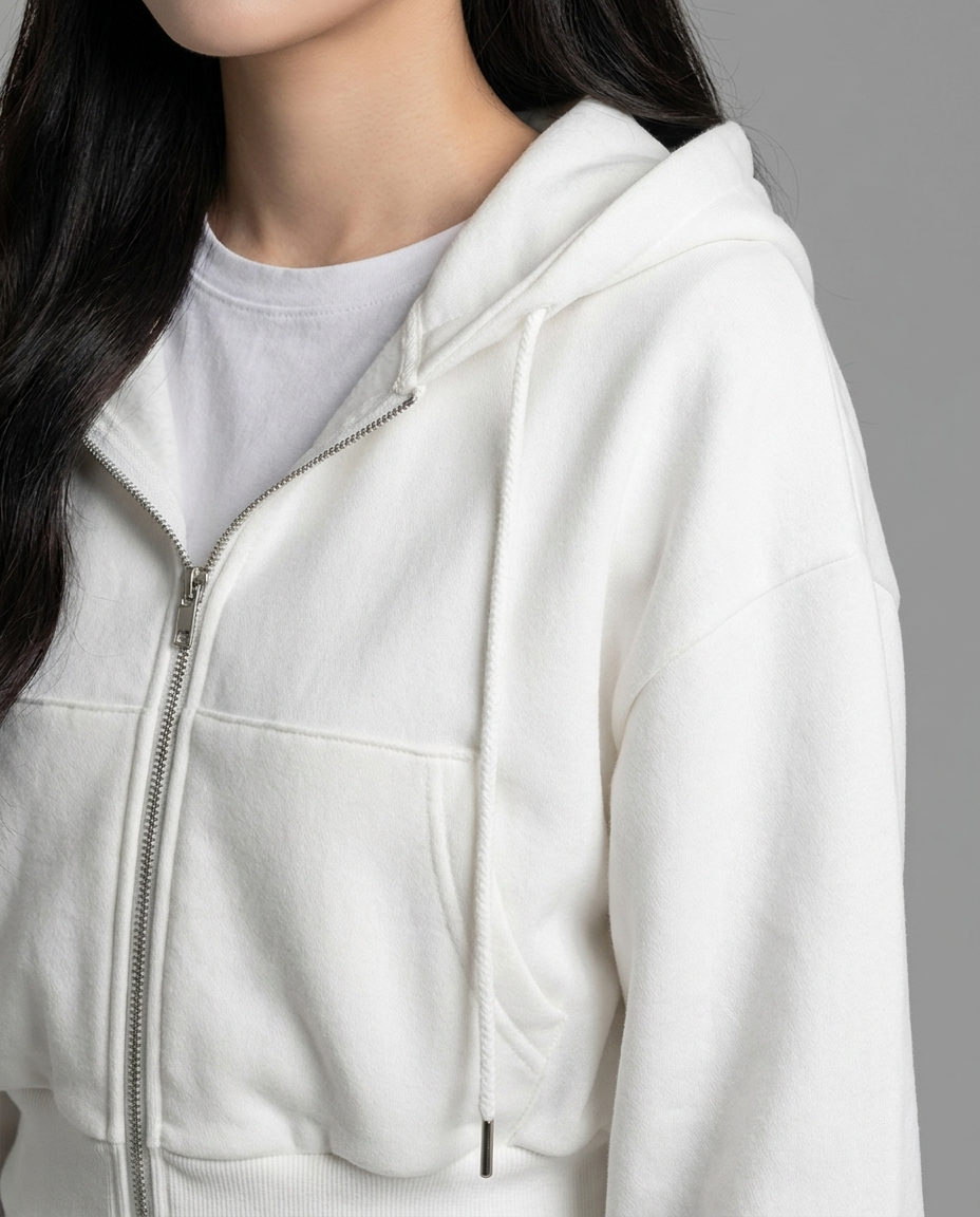 Lightweight Cropped Zip Hoodie in White