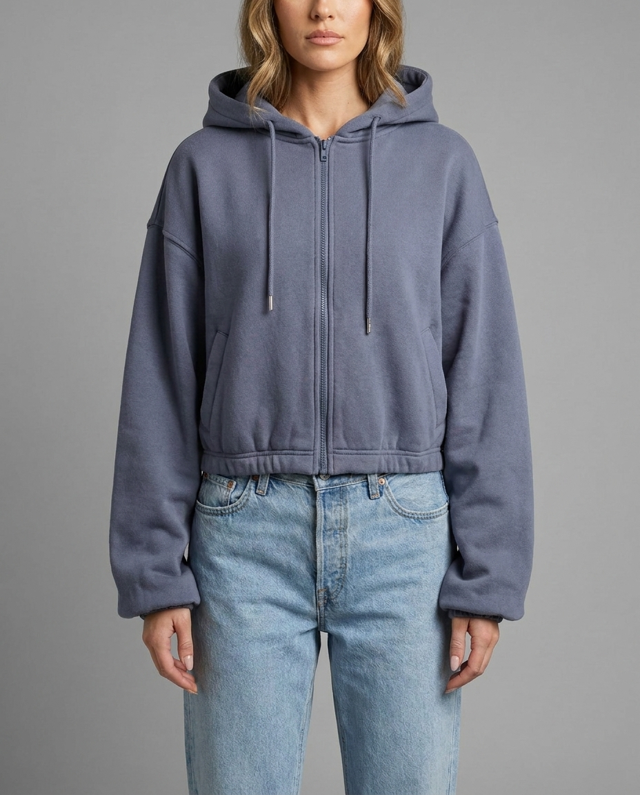 Balloon Sleeve Cropped Zip Hoodie in Blue