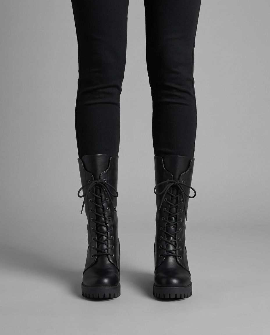 Lace-Up Platform Combat Boots in Black Vegan Leather