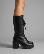 Lace-Up Platform Combat Boots in Black Vegan Leather