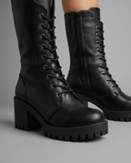 Lace-Up Platform Combat Boots in Black Vegan Leather