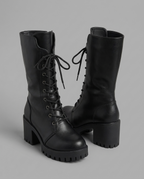 Lace-Up Platform Combat Boots in Black Vegan Leather