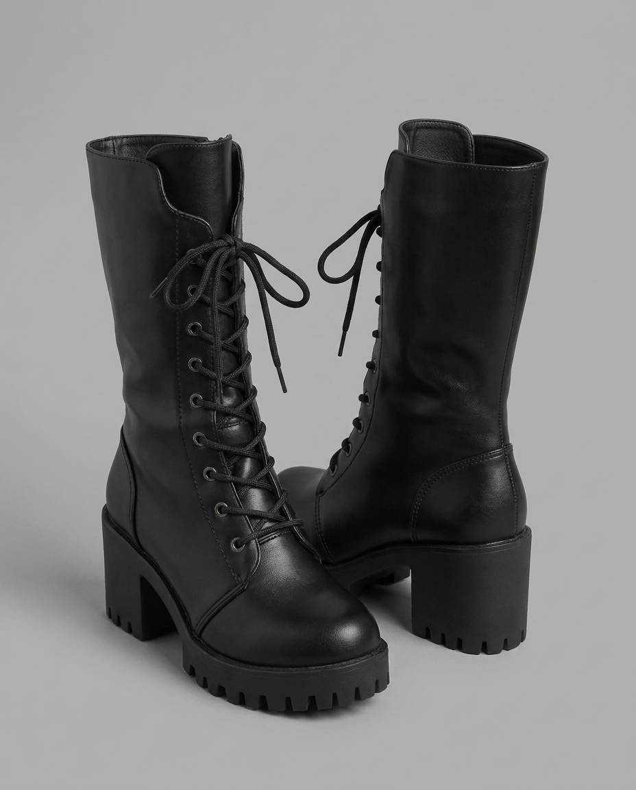 Lace-Up Platform Combat Boots in Black Vegan Leather