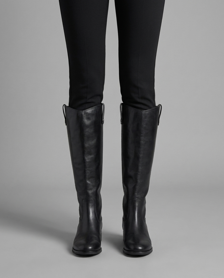 Wide Calf Knee High Riding Boots in Black Leather