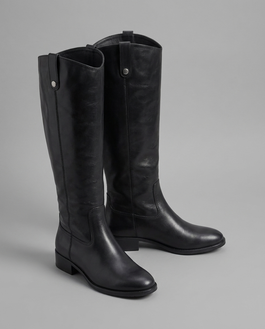 Wide Calf Knee High Riding Boots in Black Leather