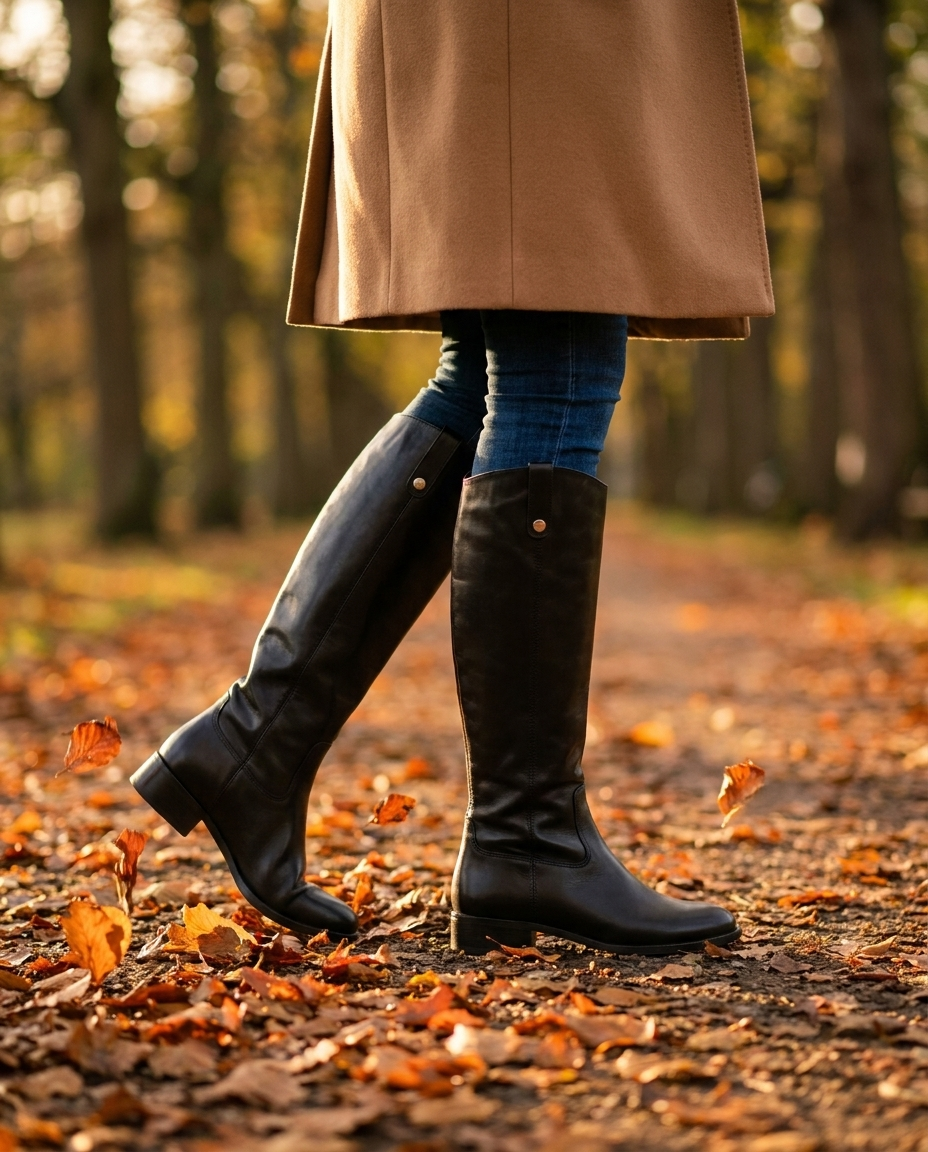 Wide Calf Knee High Riding Boots in Black Leather