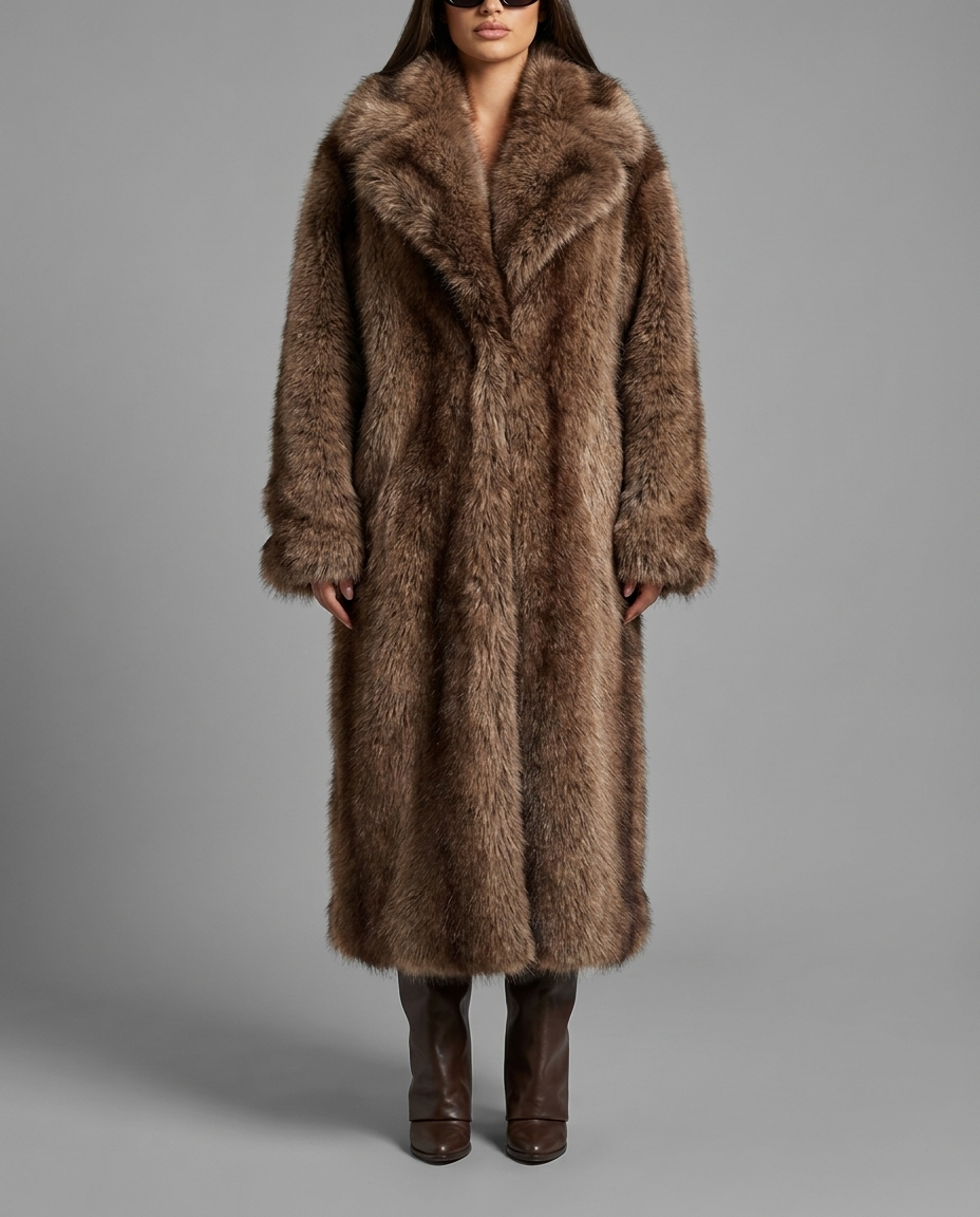 Longline Faux Fur Coat with Lapel Collar in Brown