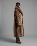 Longline Faux Fur Coat with Lapel Collar in Brown