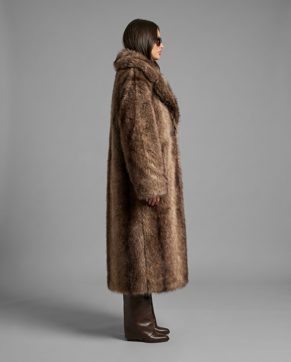 Longline Faux Fur Coat with Lapel Collar in Brown