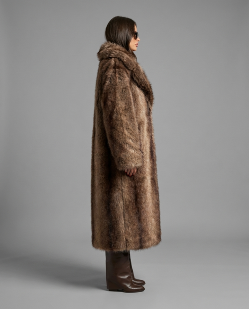 Longline Faux Fur Coat with Lapel Collar in Brown