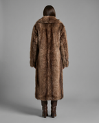 Longline Faux Fur Coat with Lapel Collar in Brown