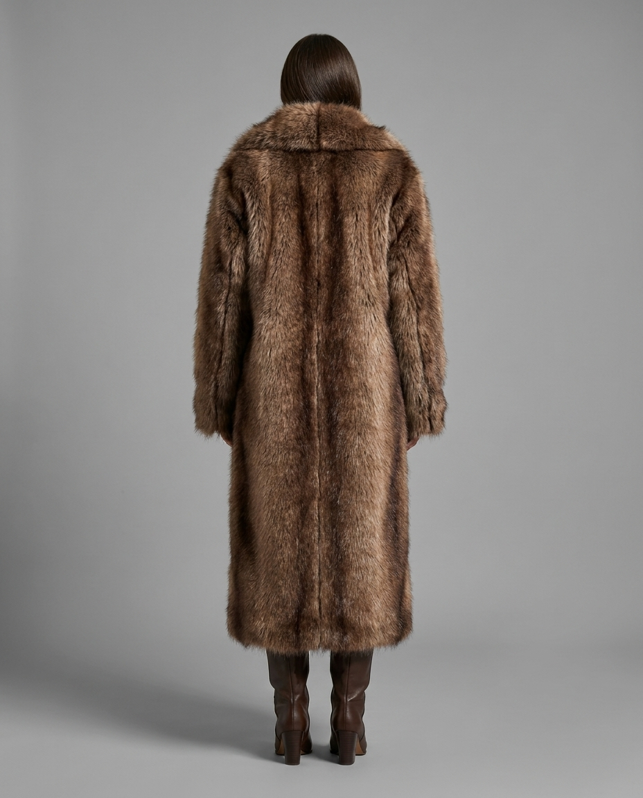Longline Faux Fur Coat with Lapel Collar in Brown