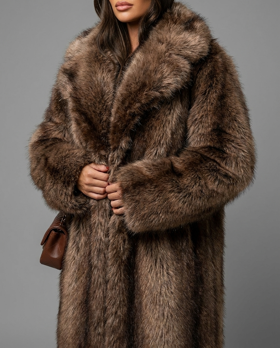 Longline Faux Fur Coat with Lapel Collar in Brown