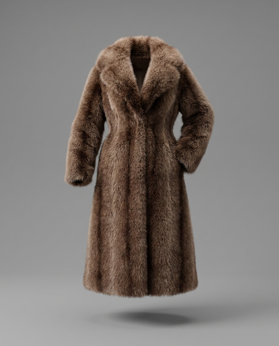 Longline Faux Fur Coat with Lapel Collar in Brown