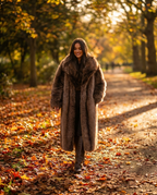 Longline Faux Fur Coat with Lapel Collar in Brown