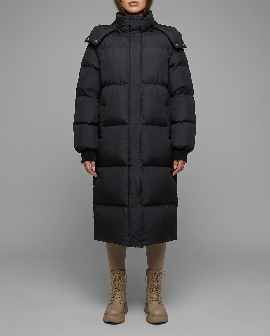 Norvia – Hooded Longline Puffer Coat in Black