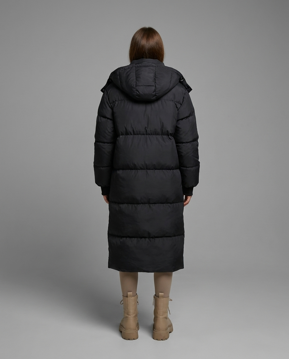 Norvia – Hooded Longline Puffer Coat in Black