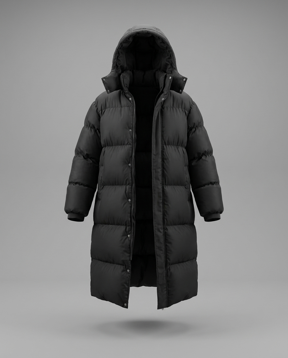Norvia – Hooded Longline Puffer Coat in Black