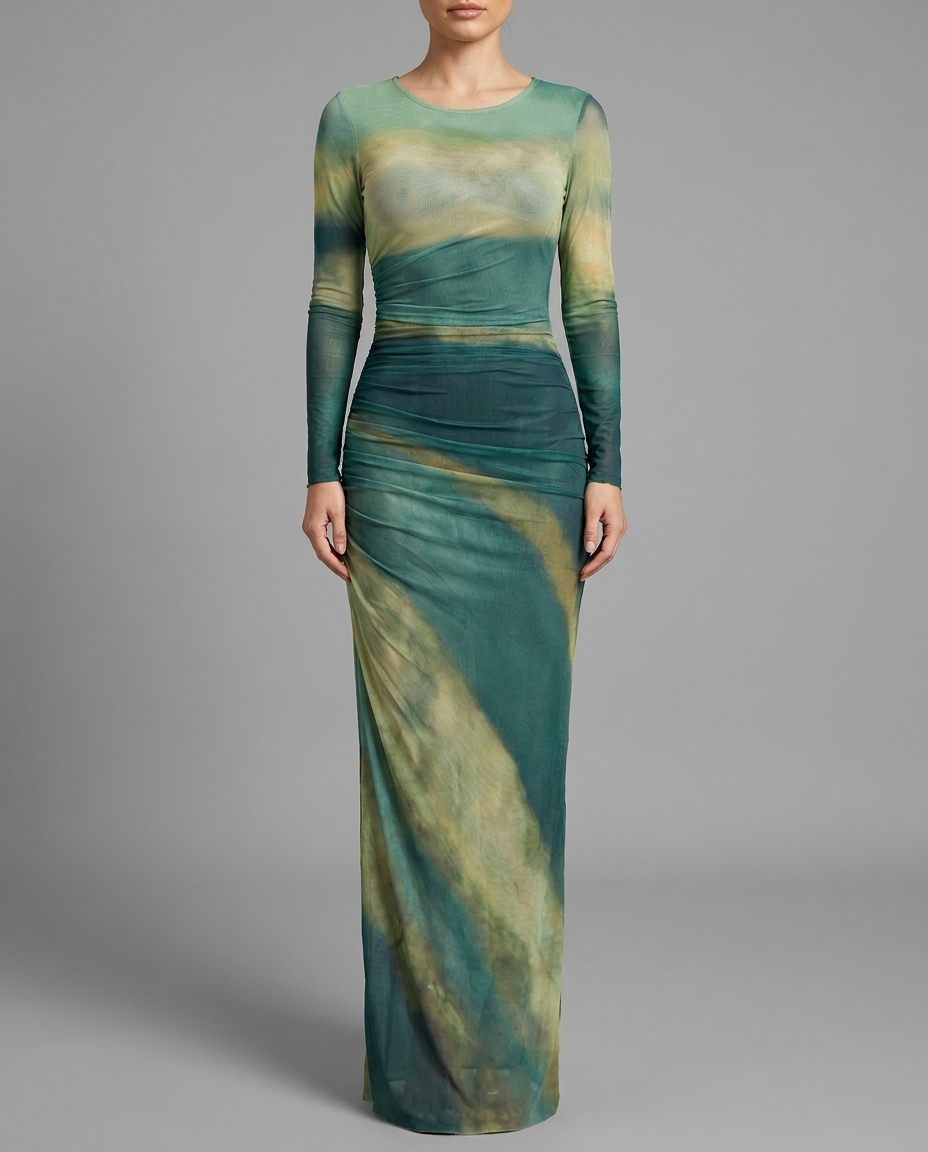 Ruched Ombre Maxi Dress in Green