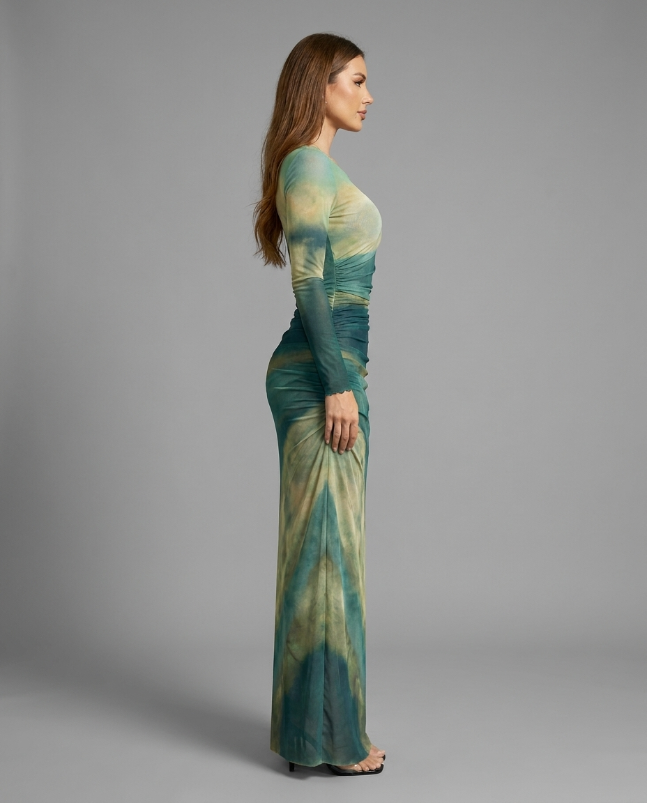 Ruched Ombre Maxi Dress in Green