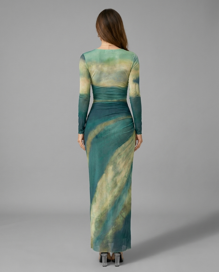 Ruched Ombre Maxi Dress in Green