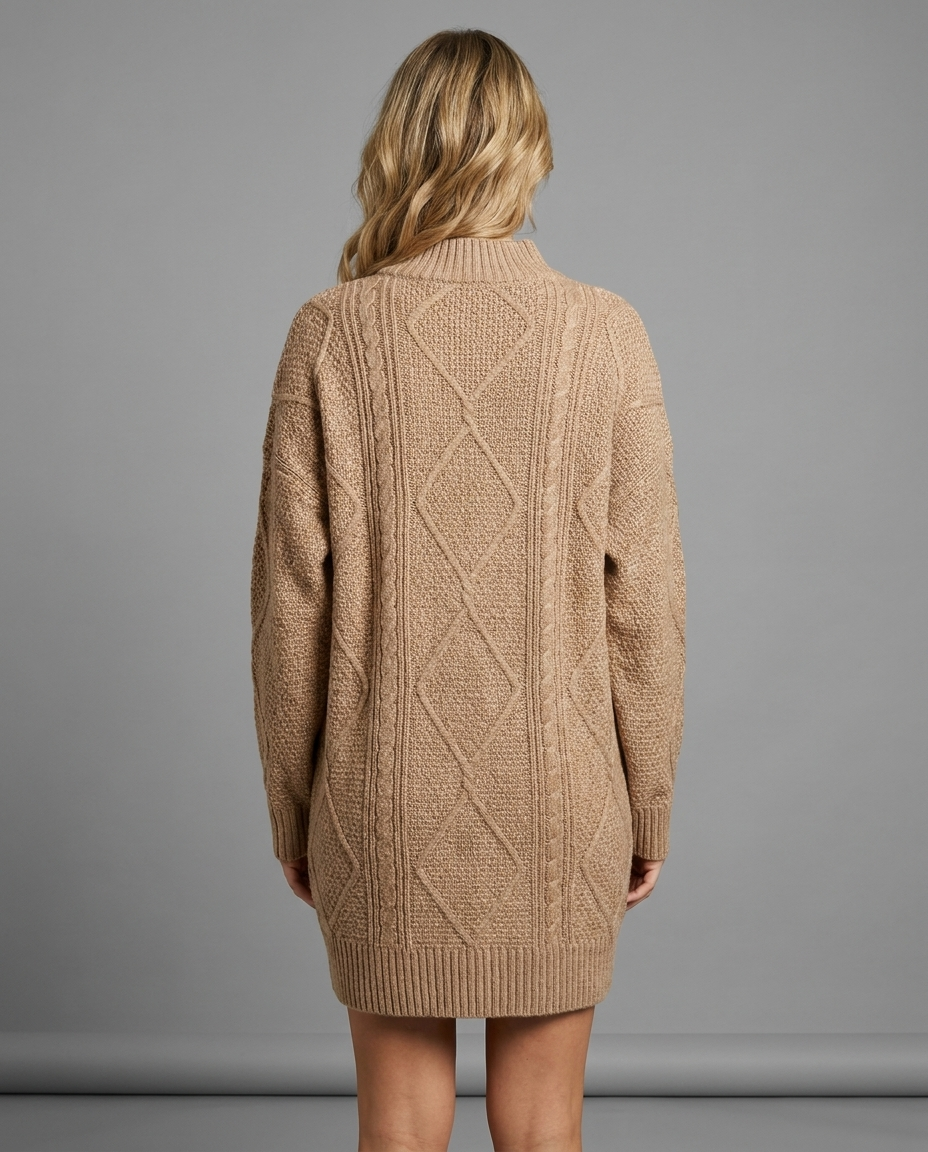 Oversized Cable Knit Jumper Dress in Beige