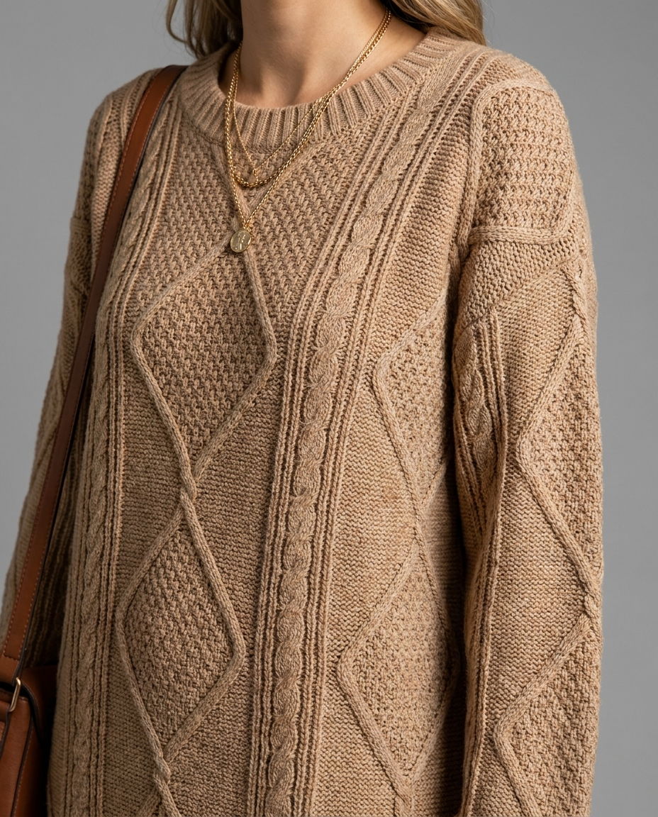 Oversized Cable Knit Jumper Dress in Beige