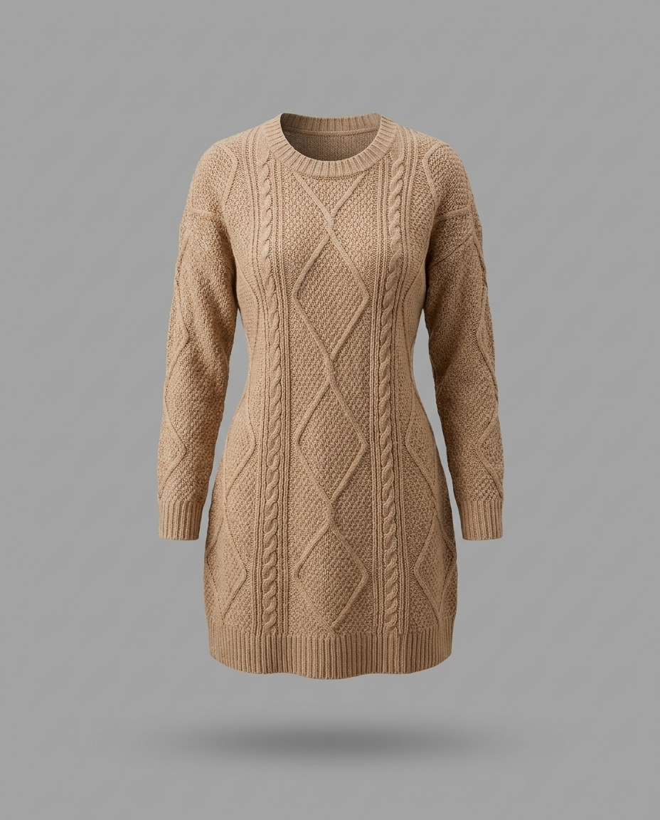 Oversized Cable Knit Jumper Dress in Beige