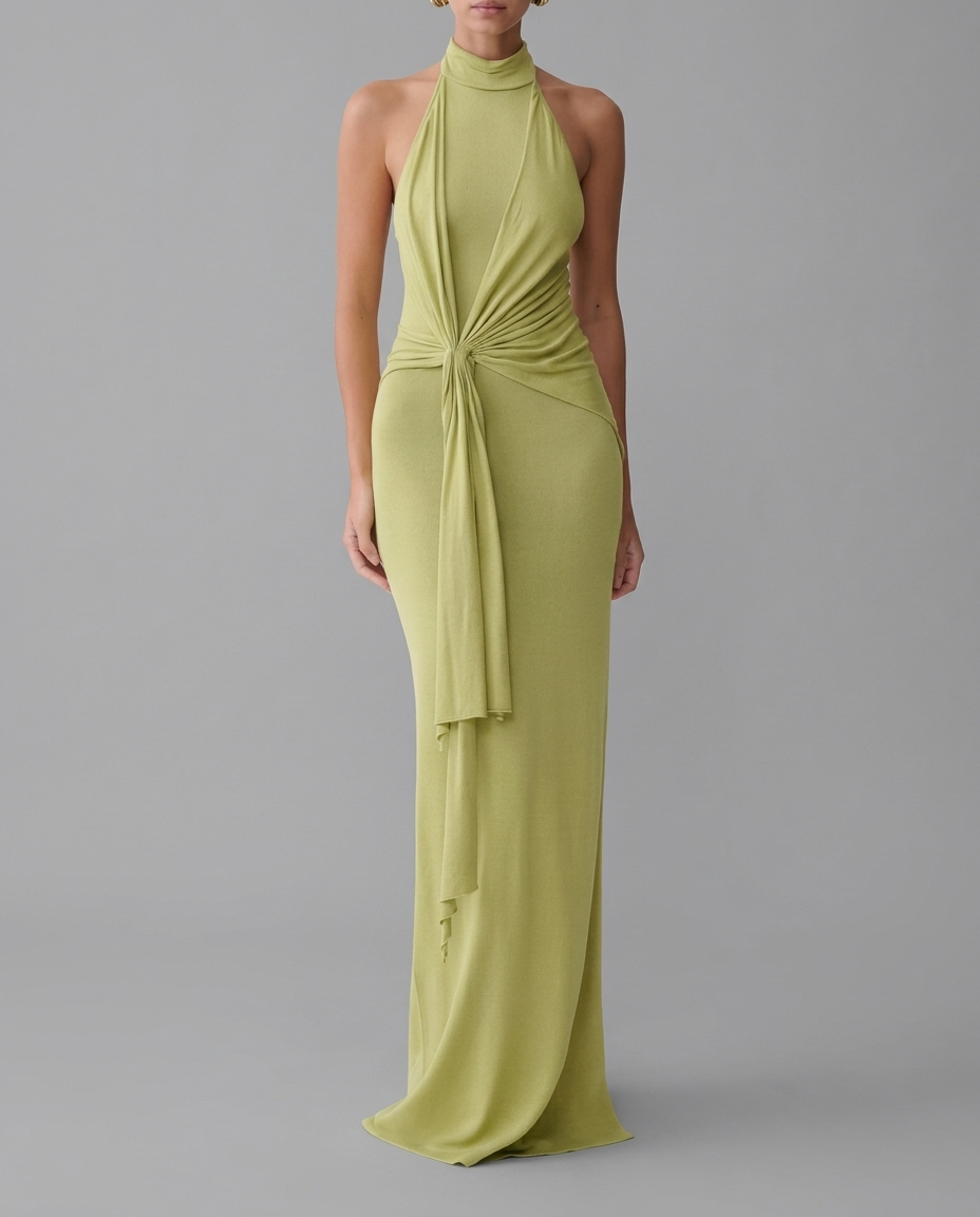 Cindylou – Halter Knit Maxi Dress in Light Olive