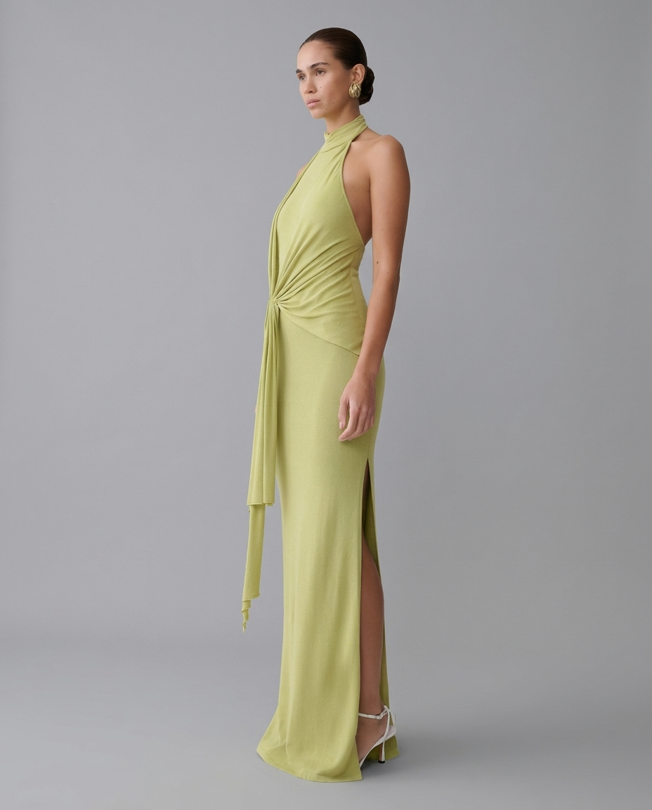 Cindylou – Halter Knit Maxi Dress in Light Olive