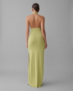 Cindylou – Halter Knit Maxi Dress in Light Olive