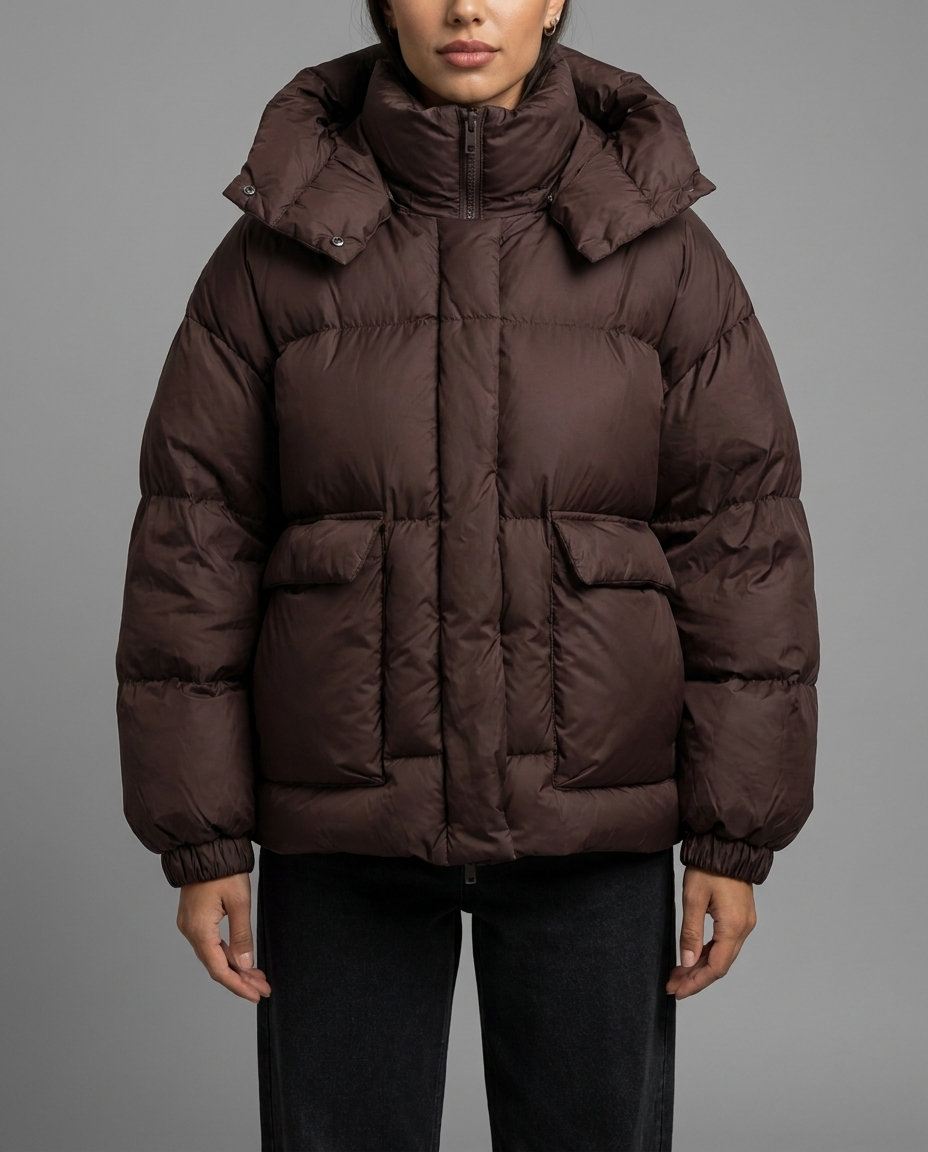 Janine – Oversized Hooded Puffer Jacket in Dark Brown