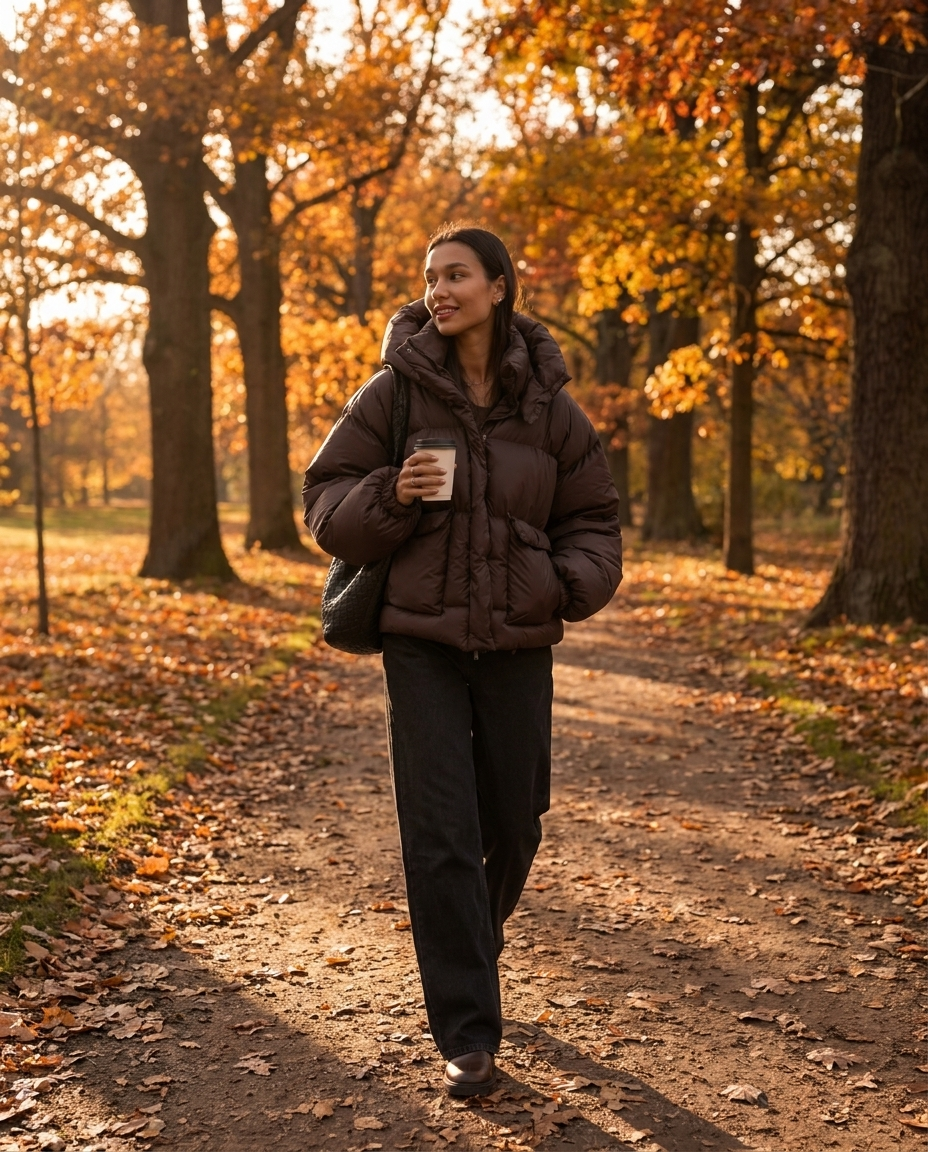 Janine – Oversized Hooded Puffer Jacket in Dark Brown