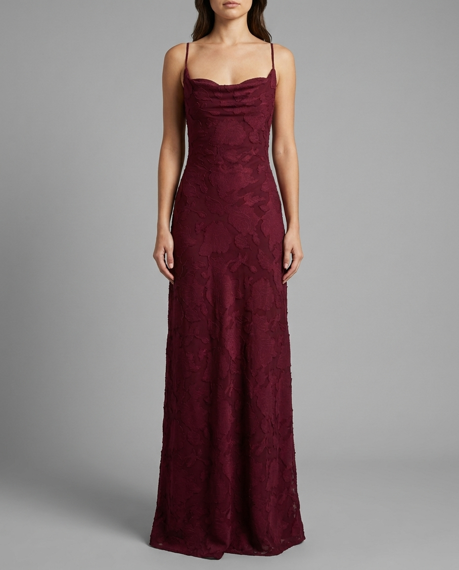 Celena – Burnout Cowl Maxi Dress in Burgundy