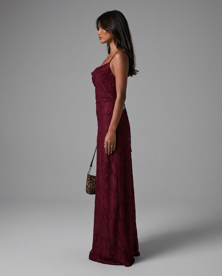 Celena – Burnout Cowl Maxi Dress in Burgundy
