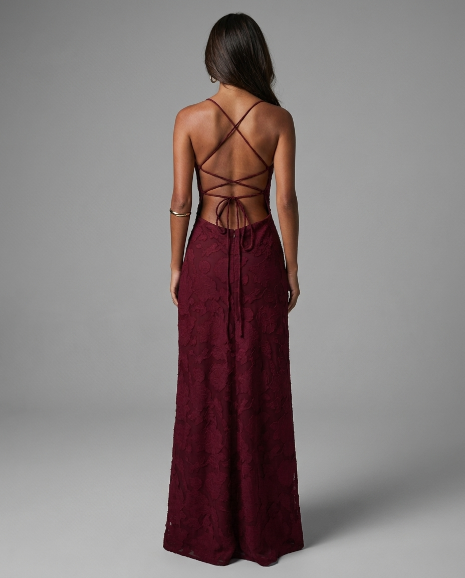 Celena – Burnout Cowl Maxi Dress in Burgundy