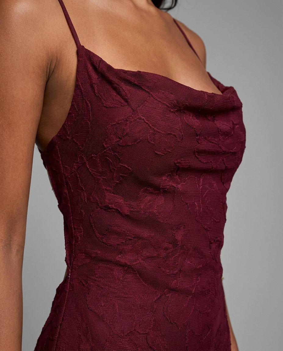 Celena – Burnout Cowl Maxi Dress in Burgundy