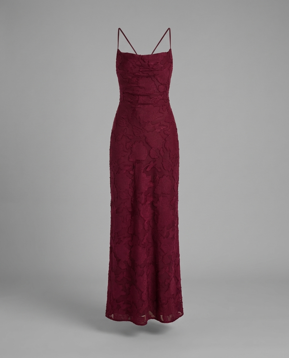 Celena – Burnout Cowl Maxi Dress in Burgundy