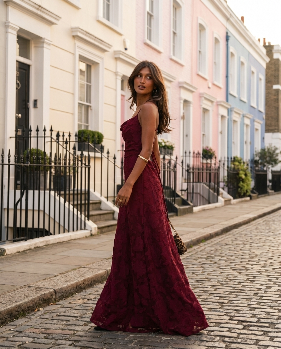 Celena – Burnout Cowl Maxi Dress in Burgundy