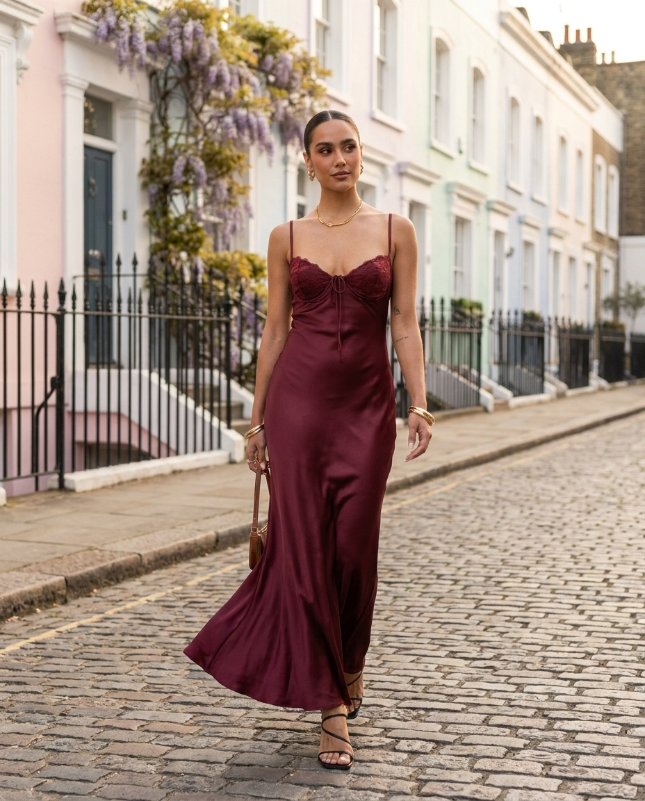 Fadyen – Bias Cut Satin Maxi Dress in Burgundy