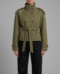 Inès – Belted Stand Collar Trench Jacket in Olive Green