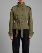 Inès – Belted Stand Collar Trench Jacket in Olive Green