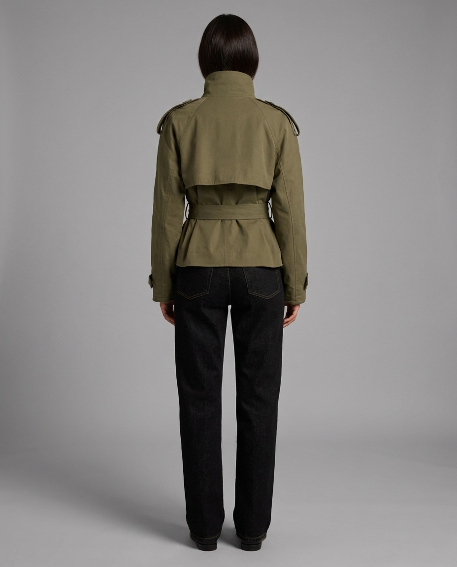 Inès – Belted Stand Collar Trench Jacket in Olive Green