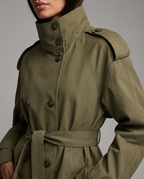 Inès – Belted Stand Collar Trench Jacket in Olive Green