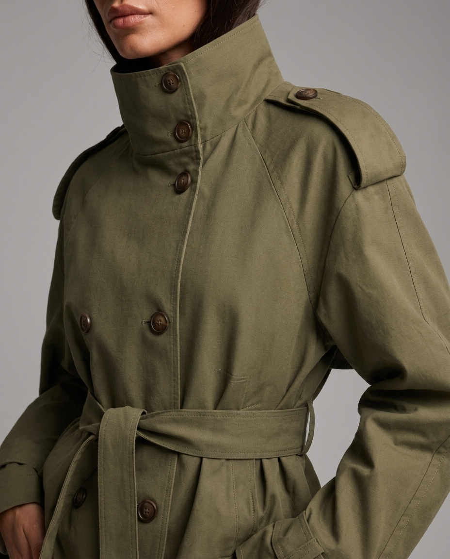 Inès – Belted Stand Collar Trench Jacket in Olive Green