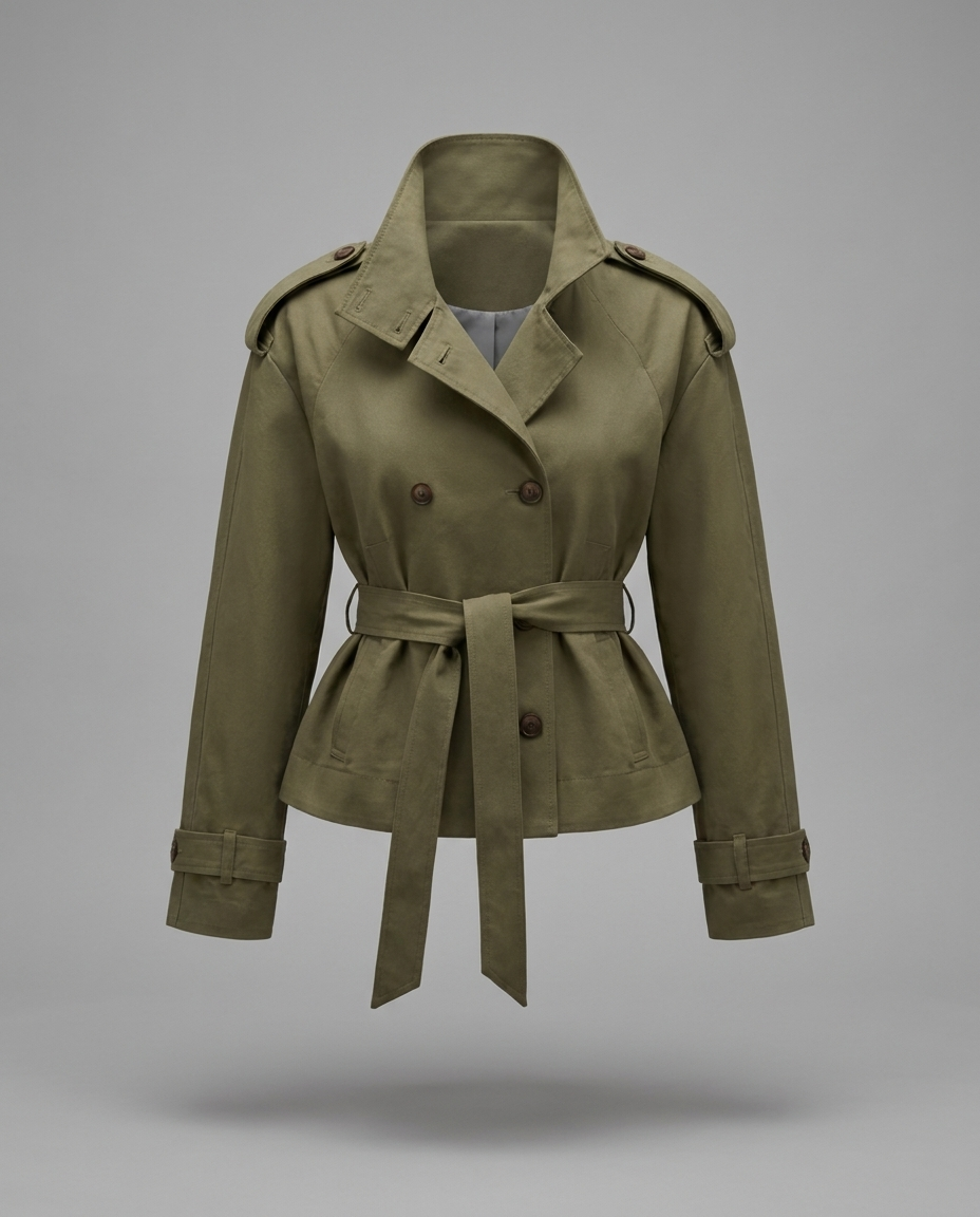 Inès – Belted Stand Collar Trench Jacket in Olive Green